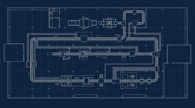 An architectural blueprint of a factory production line